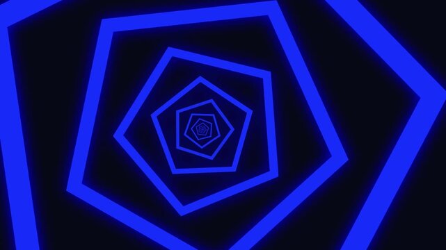 Glowing Blue Polygon Spiral Tunnel on Black Background,  Glowing blue geometric pentagon tunnel animation with rotating nested shapes creating a hypnotic futuristic visual on a dark background for dig