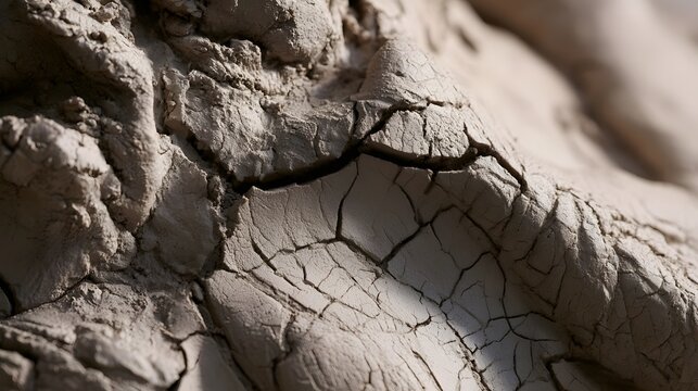 Close up of cracked  textured clay surface with natural flaking patterns and subtle tonal variations under soft lighting