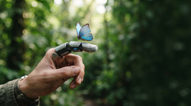 Butterfly lands on robotic finger in lush green forest setting