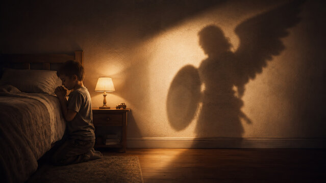 Young child kneeling in bedtime prayer with guardian angel shadow on wall