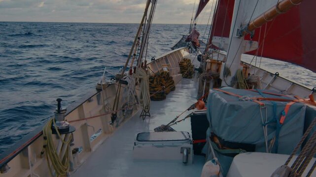 Big sailing boat moves in the Atlantic Ocean under the sails