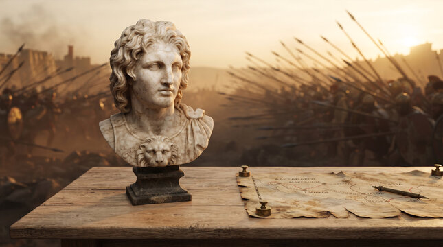 Ancient bust and map signify military strategy and historical conquest
