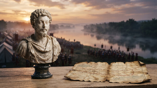 Marble bust of Marcus Aurelius with ancient map against a misty battlefield sunset