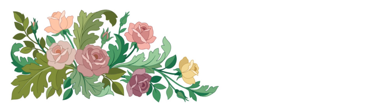 Vintage Rose floral corner design, pastel colors, isolated on transparent background