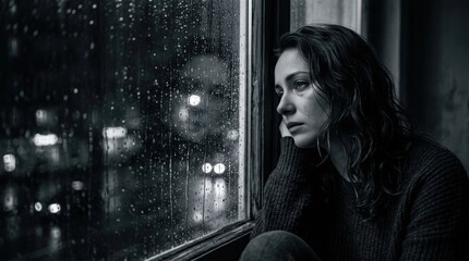 Fototapeta premium Woman gazing out rain - covered window with tearful expression
