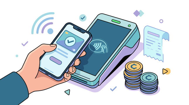 This modern illustration depicts a hand using a smartphone for contactless payment at a point-of-sale terminal, symbolizing the future of digital transactions and convenience.