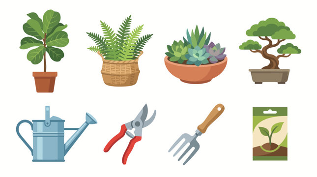 An engaging collection of gardening essentials featuring various green plants, tools, and accessories that inspire gardening enthusiasts and promote a green lifestyle.