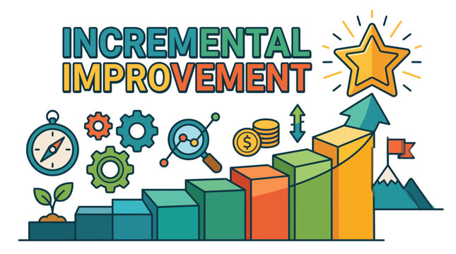 This image illustrates the concept of incremental improvement through a vibrant graphic filled with elements like steps, arrows, and icons representing growth and progress.