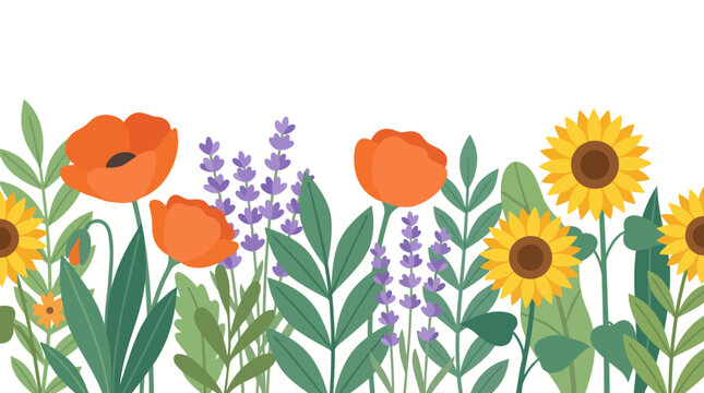 This vibrant floral illustration features sunflowers, poppies, and lavender, creating a picturesque and serene atmosphere perfect for decorative and artistic uses in various mediums.