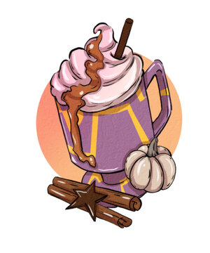 Cozy Autumn Pumpkin Spice Latte in Vintage Purple Mug with Whipped Cream, Cinnamon and Mini Pumpkin, Digital Illustration Clipart