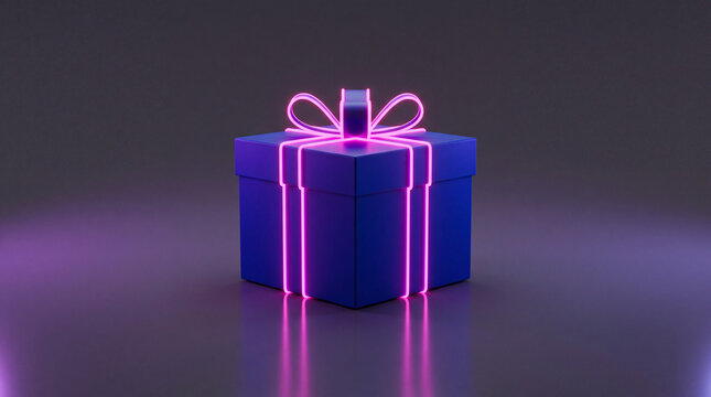 A sleek blue gift box wrapped in a vibrant glowing neon pink ribbon, set against a moody, dark, and minimalist background.
