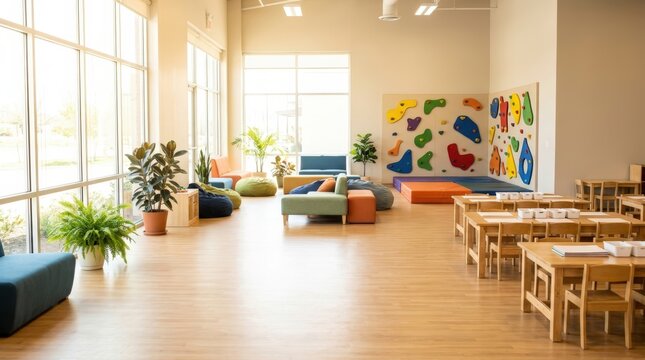 Youth activity center with art tables and indoor climbing wall