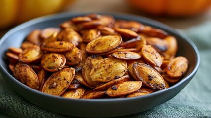 Fototapeta premium A bowl of spiced roasted pumpkin seeds with golden brown texture and warm autumnal tones presented on a dark plate