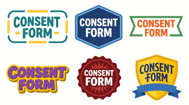 This image showcases six unique and colorful consent form badges, each with a distinct style and design, perfect for representing consent in various contexts and media.