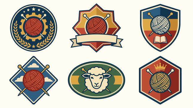 This image showcases a variety of badges representing the knitting community, symbolizing craftsmanship, creativity, and the joy of yarn art and community engagement.