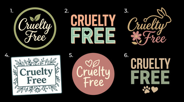 This image showcases an array of creative cruelty-free stickers and labels, emphasizing ethical consumerism with stylish typography and unique design elements for awareness.