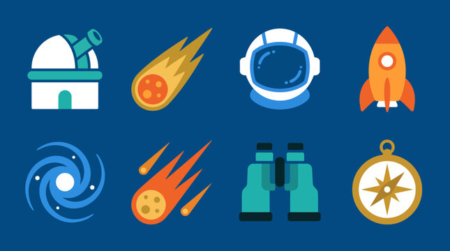 A captivating collection of space exploration icons and symbols, showcasing various celestial elements and objects that inspire curiosity about the cosmos and beyond.