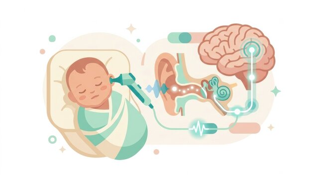 A baby is receiving a hearing screening to check for auditory development in a clinical environment during the first year of life.