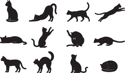 Fototapeta premium Set of cat silhouettes featuring various feline poses and actions.