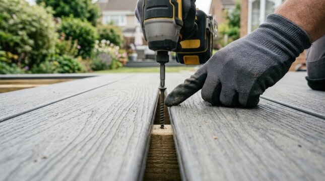 Worker installing screw between gray composite decking boards outdoors