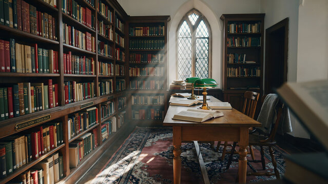 An old library room with tall wooden bookshelves, a wooden table with open books, a green banker lamp, and light rays coming from a window