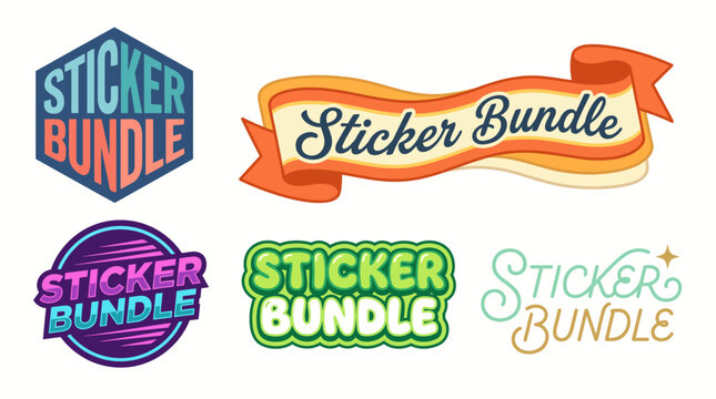 This image showcases various playful sticker bundle designs featuring vibrant colors and unique typography that can appeal to a broad audience, perfect for creative projects.