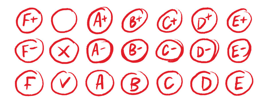 Hand drawn school grade circles red marks set educational design