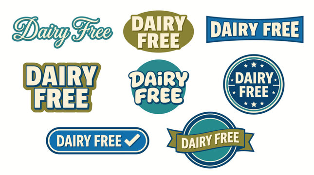 A vibrant collection of 'Dairy Free' labels showcasing various designs and styles, perfect for packaging or promoting dairy-free products in the health food market.