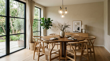 Fototapeta premium Modern Scandinavian Dining Room Interior with Round Wooden Table and Garden View Windows