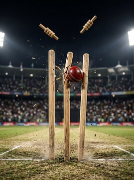 Cricket Ball Shattering Wooden Stumps in Dramatic Stadium Bowled Out Moment