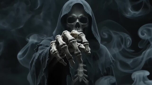 Grim reaper hooded figure reaching out amidst swirling smoke
