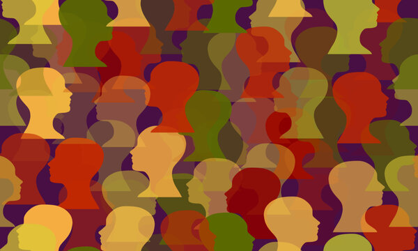 Seamless pattern of overlapping colorful human head silhouettes symbolizing diversity and mental unity