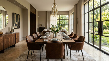 Fototapeta premium Modern Luxury Dining Room Interior with Wooden Table Elegant Chairs and Large French Windows