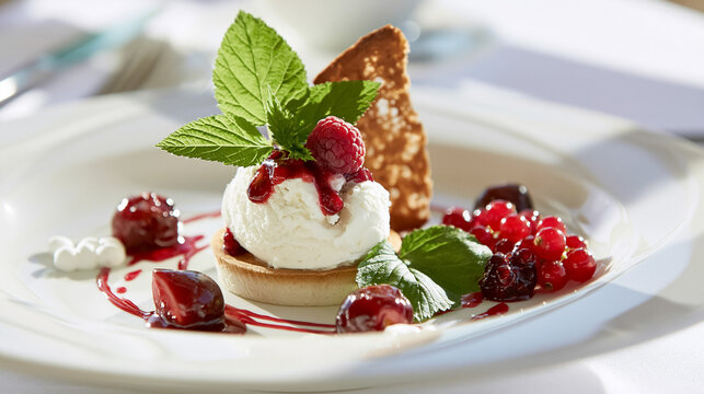 Dessert plate featuring a scoop of vanilla ice cream on a tartlet, garnished with berries, raspberry sauce, and mint leaves