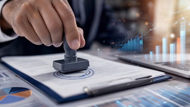 Professional Hand Stamping Official Document for Agreement Verification, Featuring Financial Infographic Analytics and Business Auditing Data.