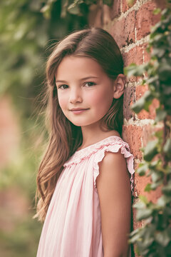 Young girl smiling, showcasing childhood and innocence while wearing a pink dress, standing outdoors next to a brick wall
