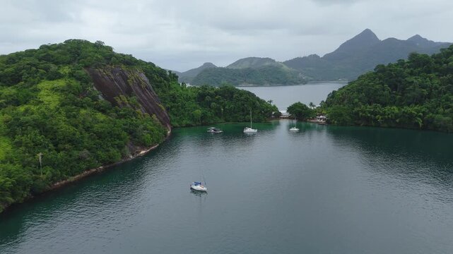 Aerial view of the calm bay with sailing boats in Brazil. Town of Angra dos Reis