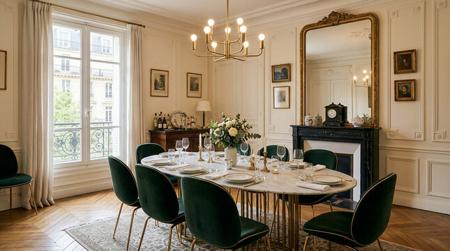 Elegant Dining Room Interior in Parisian Apartment with Marble Table, Green Velvet Chairs, and Fireplace
