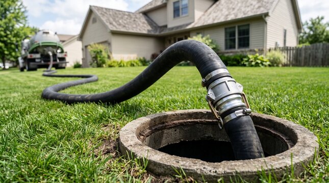 Septic tank pumping truck cleaning residential underground system to prevent leaking pipe dripping bathroom ceiling failure in sunny suburban lawn maintenance concept