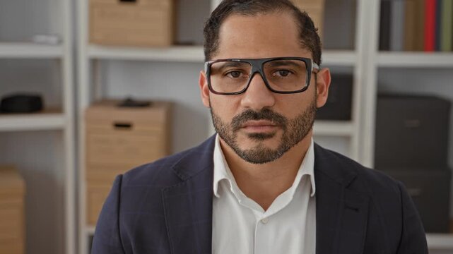 Man wearing glasses and suit jacket looks at camera, visible beard and face, seated before shelving and cardboard boxes in a building office; professional focus.