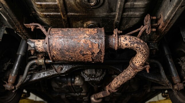 Severely rusted muffler exhaust corrosion damage on the vehicle undercarriage under workshop lighting for car maintenance and auto repair safety risk concept