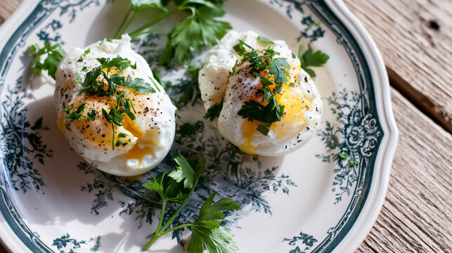 Poached eggs topped with fresh parsley and black pepper on a decorative plate, set on a rustic wooden table for a healthy breakfast