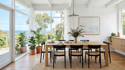 Fototapeta premium Bright modern dining room with wooden table and black chairs overlooking coastal ocean view through large windows