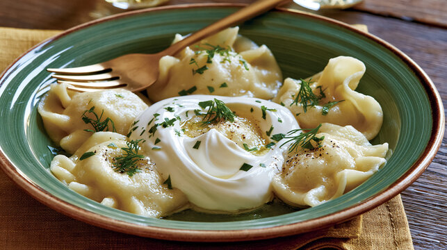 Pelmeni, traditional dumplings filled with meat or vegetables, served hot with a dollop of creamy sour cream and sprinkled with fresh dill