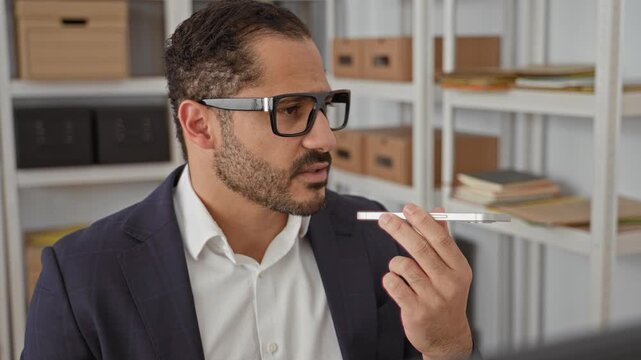 Man holding smartphone to mouth with visible hand and glasses, wearing suit in building; professional concentration.