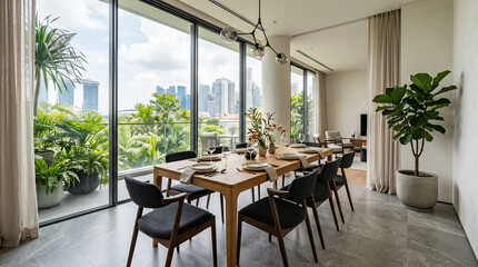 Fototapeta premium Modern dining area in luxury apartment with city skyline views and lush green balcony
