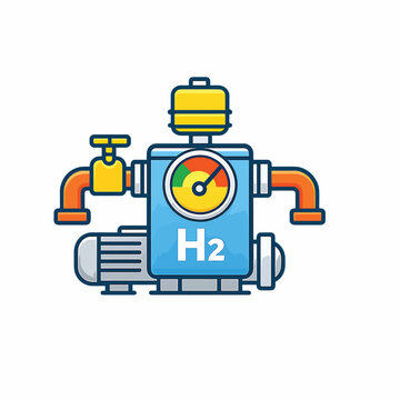 Hydrogen gas pressure gauge icon with pipes and motor, vector illustration