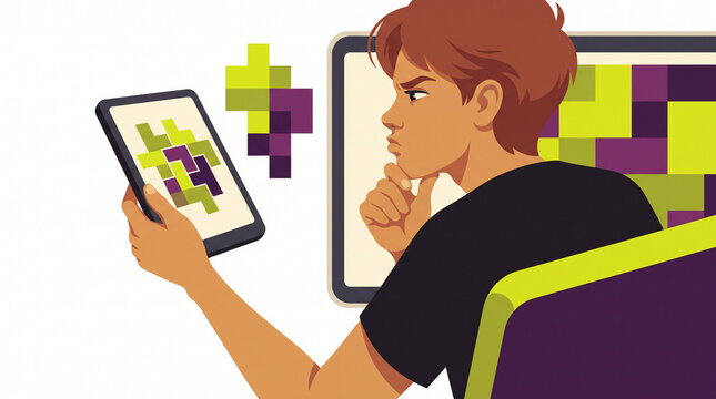 Teenage boy playing puzzle game on tablet while focused and thinking  