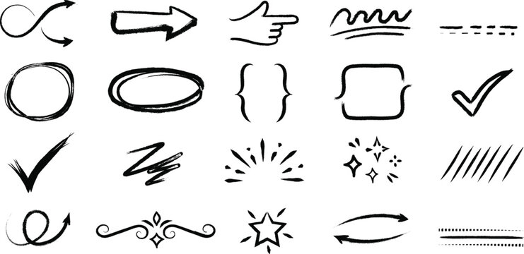 Collection of hand drawn doodle elements including arrows check marks shapes and decorative lines for design