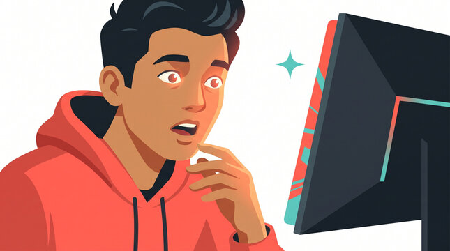 Young man surprised while watching gaming content on computer screen  